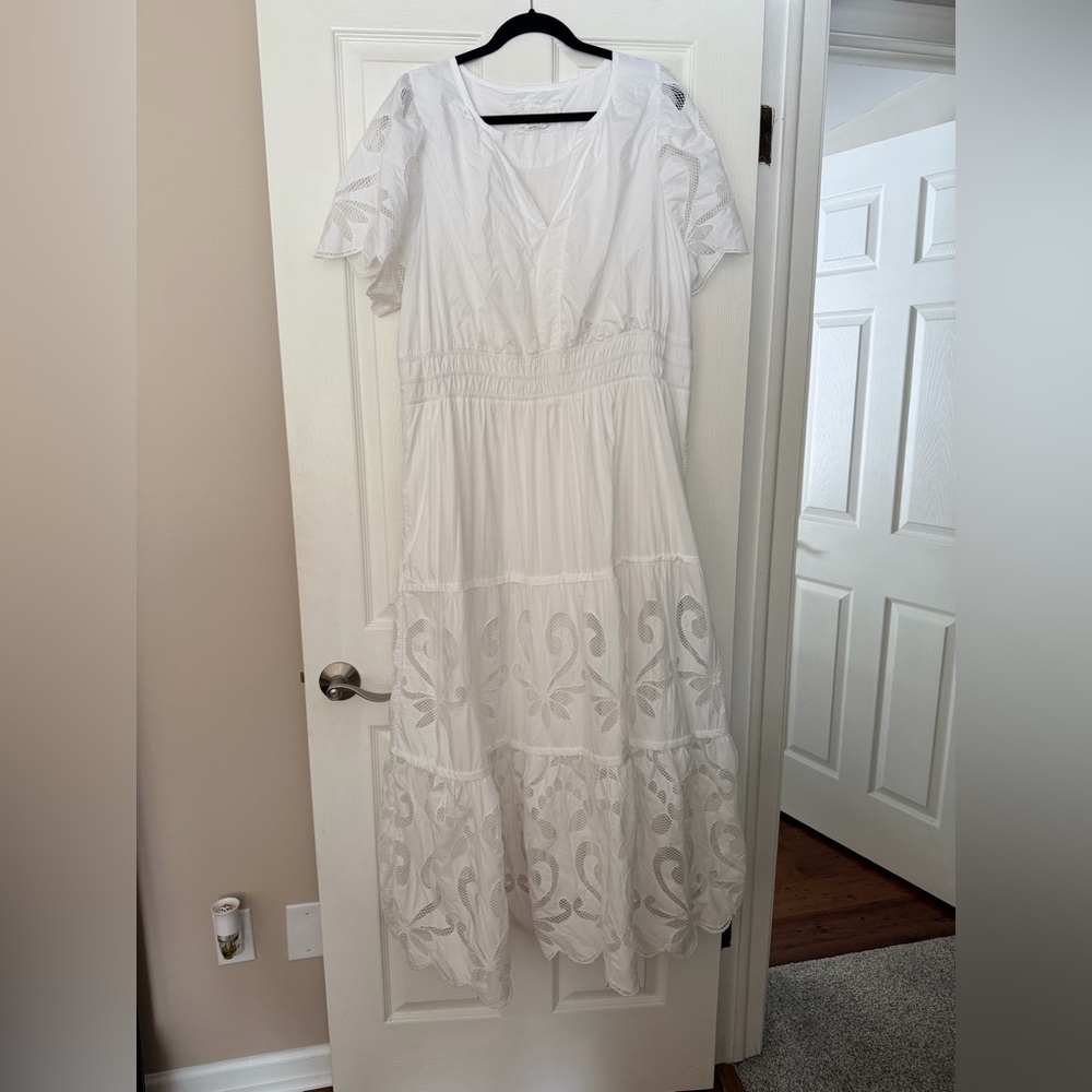 White Embroidered V-Neck Midi Dress